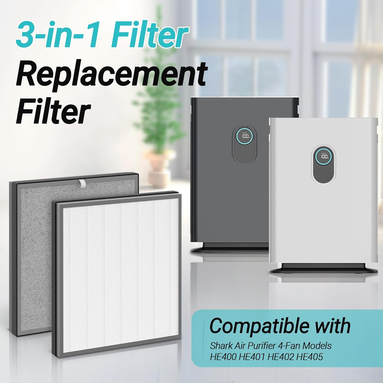 1 Pack HE400 Replacement Filter Compatible with Shark HE400 HE401 HE402 HE405 4 Fan Model Air Cleaner Purifier,3-in-1 Filter of Pre-filter,Carbon and HEPA Filter