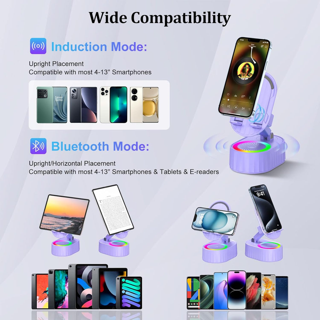 Wireless Induction Audio Bluetooth Speaker 5in1 Phone Holder Emergency Rechargeable (3000mAh) with Colorful Ambient Light 300° Foldable for Tablet iPhone Android, Gifts for Men Women