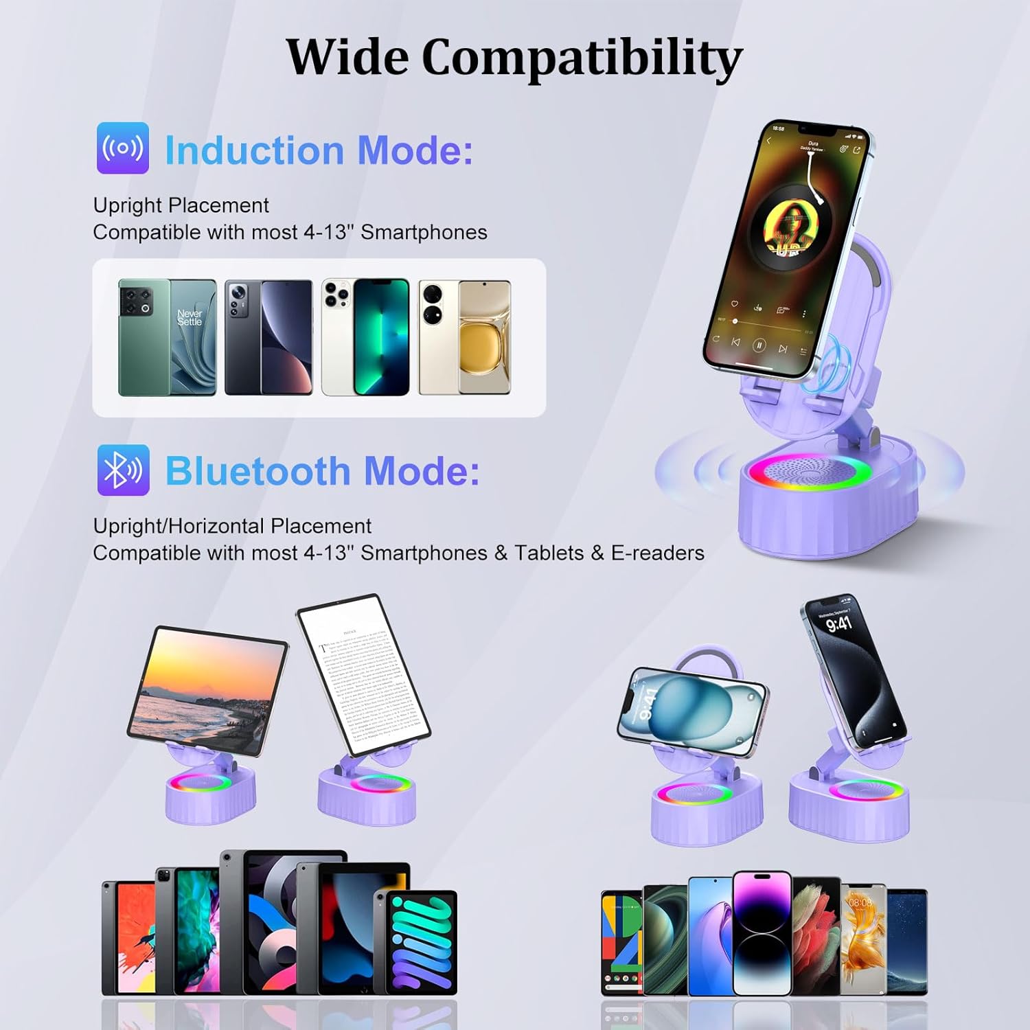 Wireless Induction Audio Bluetooth Speaker 5in1 Phone Holder Emergency Rechargeable (3000mAh) with Colorful Ambient Light 300° Foldable for Tablet iPhone Android, Gifts for Men Women