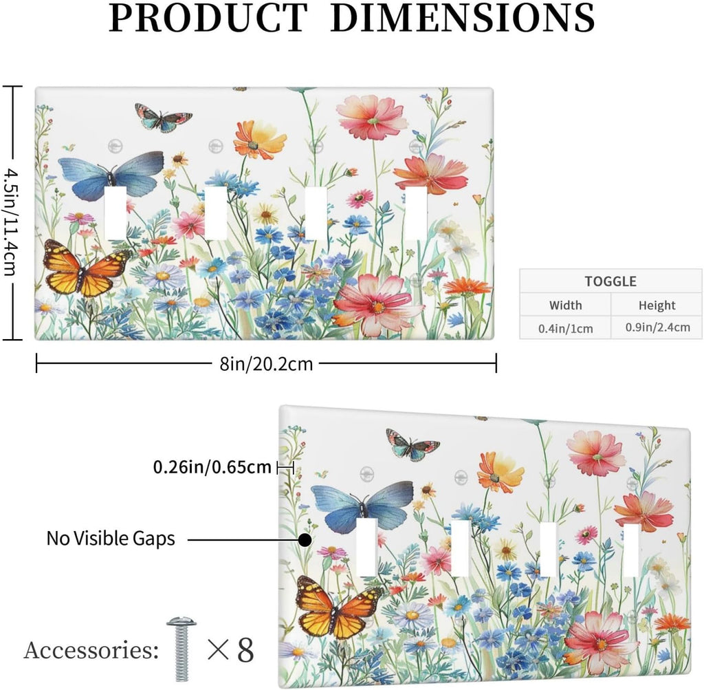 Decorative Light Switch Cover Plate Rustic Wildflower Blue Pink Floral Butterfly 4 Gang Wall Plates for Electrical Outlets Quad Toggle Switch Plate Covers Outlet Covers for Bedroom Decor