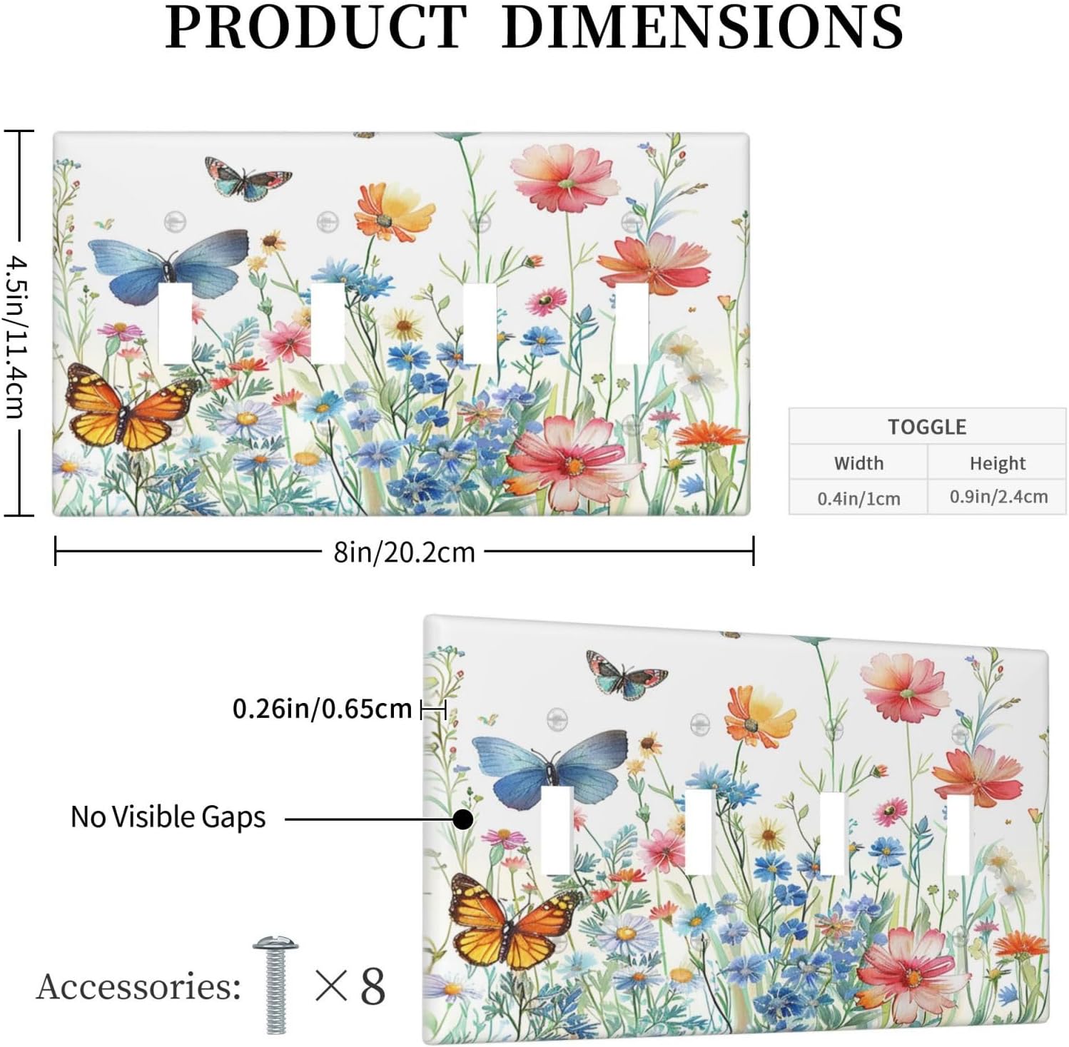 Decorative Light Switch Cover Plate Rustic Wildflower Blue Pink Floral Butterfly 4 Gang Wall Plates for Electrical Outlets Quad Toggle Switch Plate Covers Outlet Covers for Bedroom Decor
