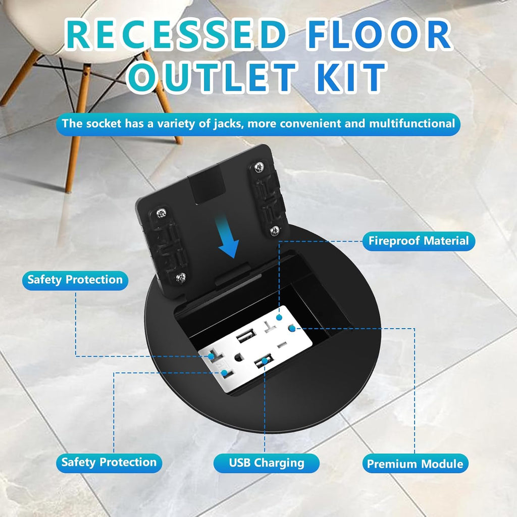 KYHSHJ Standard Outlets Recessed Circular Floor Socket Kit with 2 * 20A Receptacle，4.8A*2 USB-A Ports ，Corrosive Resistant Hardware,Black