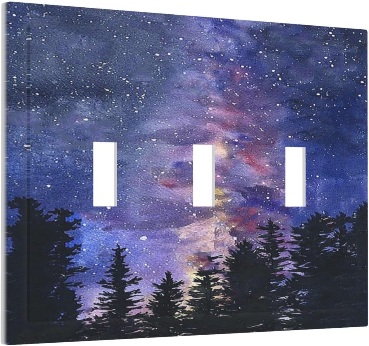 Decorative Switch Plates Dream Milky Way Starry Forest Pine Watercolor Painting 3 Gang Wall Plate Faceplate Triple Toggle Light Switch Cover Electrical Wall Panels for Bedroom Home Decor