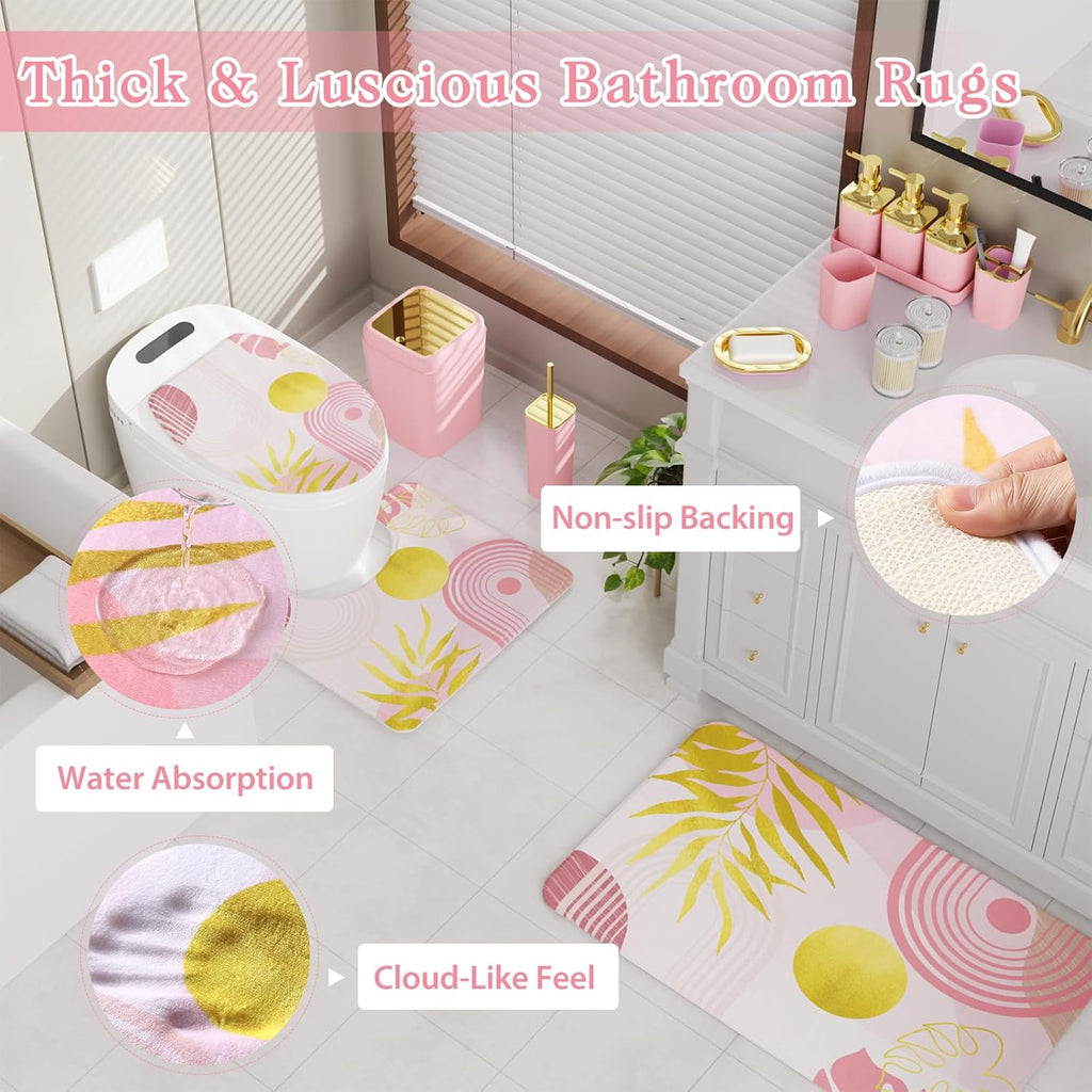 Bathroom Set - Bathroom Sets with Shower Curtain and Rugs, Bathroom Accessory Set, Pink Bathroom Accessories Set with Trash Can, Toilet Brush and Soap Dispensers