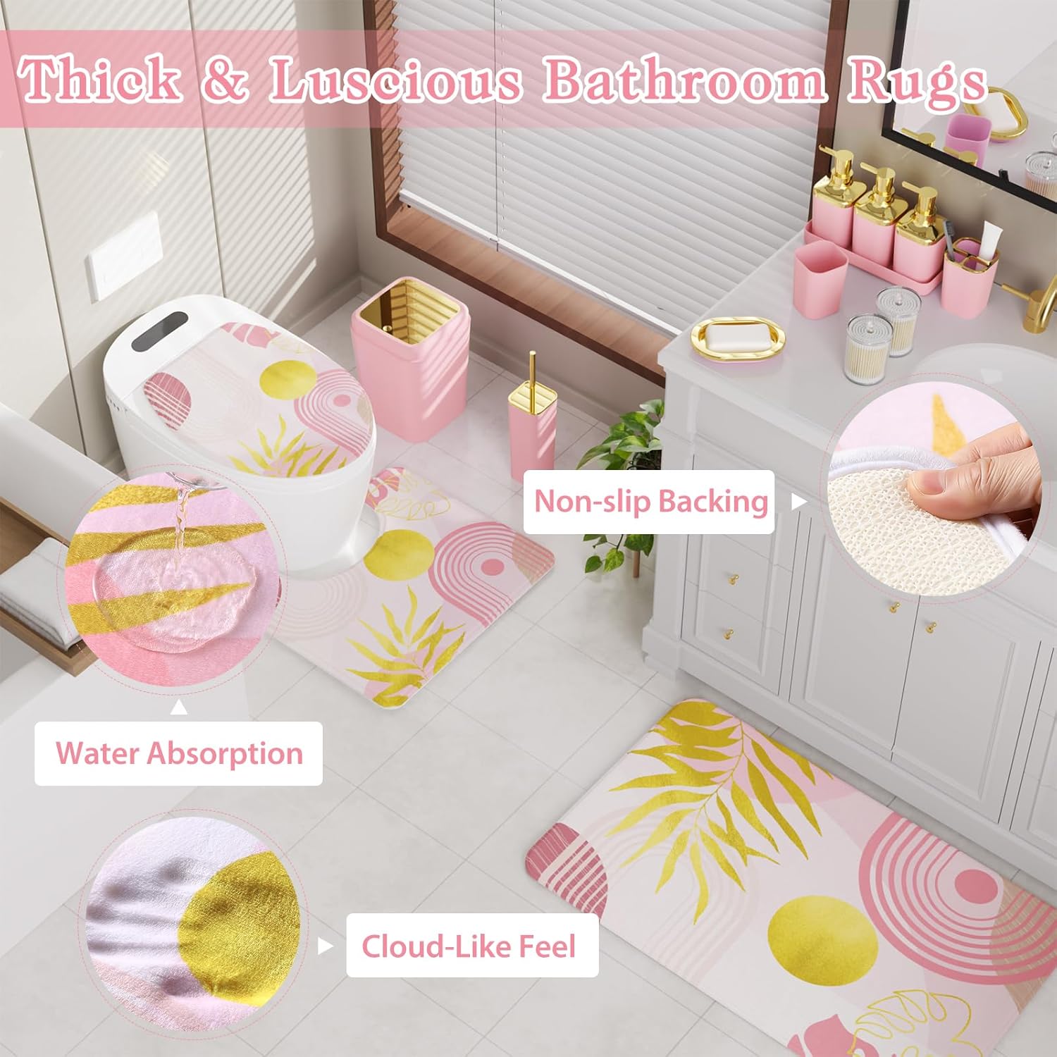 Bathroom Set - Bathroom Sets with Shower Curtain and Rugs, Bathroom Accessory Set, Pink Bathroom Accessories Set with Trash Can, Toilet Brush and Soap Dispensers