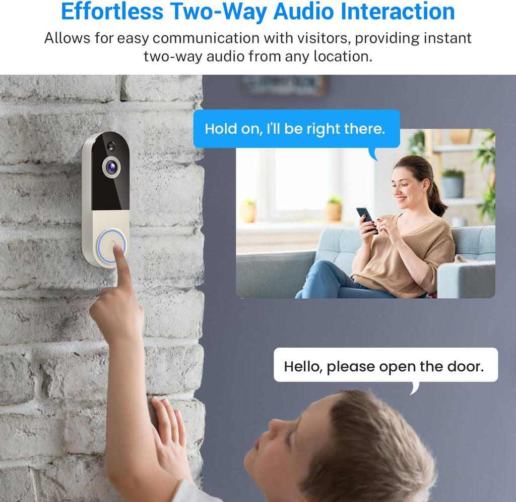 1080p Wireless Video Doorbell Camera, Smart Outdoor Surveillance Cam, Live View, Cloud Storage, AI Human Detection, Instant Alerts, Night Vision, Two Way Audio, 2.4G WiFi Only