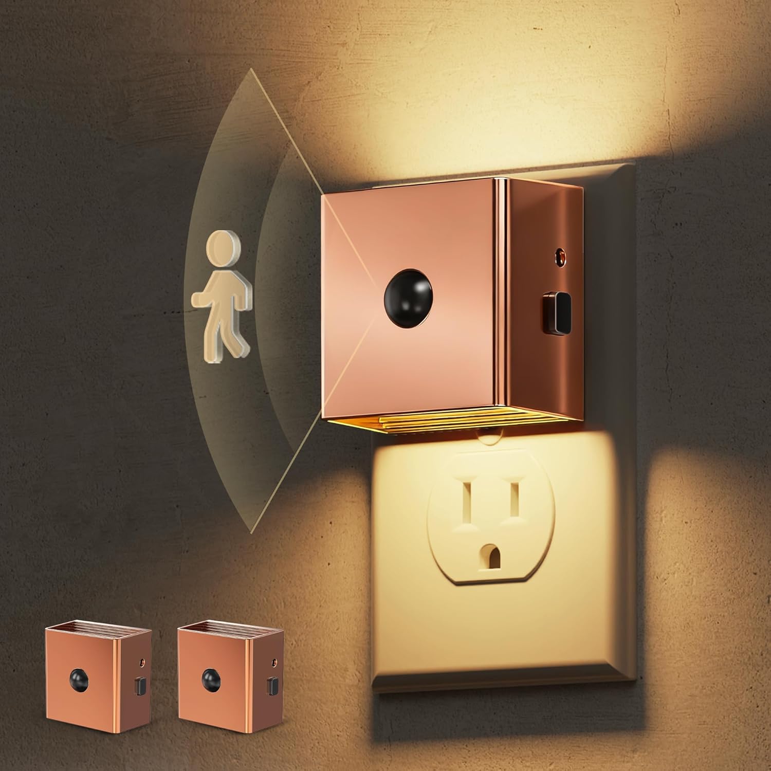 L LOHAS LED Night Light,Plug in Night Light with Motion Sensor and Dusk to Dawn Sensor, Brightness Adjustable,3000K Soft White, Rose Gold Nightlight for Bathroom Hallway Kitchen