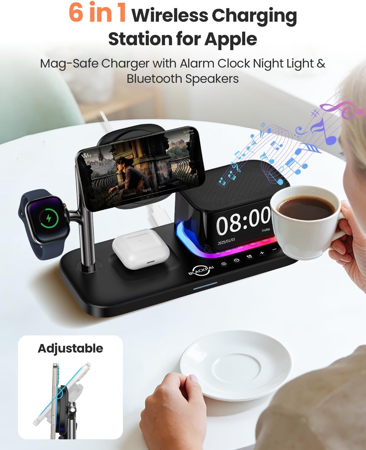 6-in-1 Wireless Charging Station for Multiple Apple Devices with Bluetooth Speakers Alarm Clock Night Light，Qi2.2 Phone Charger Stand for iPhone 17/16/15/14/13/12 Pro Max Apple Watch Airpods