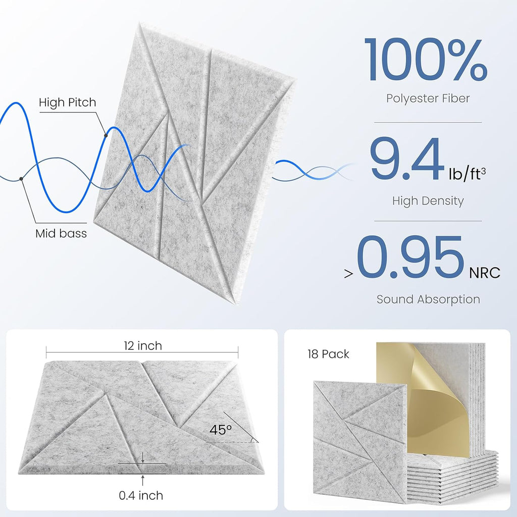 18 Pack Acoustic Panels with Self-Adhesive, 12"X 12"X 0.4"Sound Proof Foam Panels, Sound Panels High Density, Soundproof Wall Panels for Home Studio Office Sliver Gray