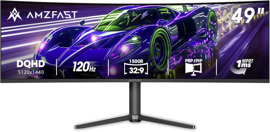 Amzfast 49 Inch Curved Monitor 120Hz DQHD 5120x1440p Ultrawide Gaming Monitor, 120% sRGB, 1500R, 1ms MPRT, HDR10, Adaptive Sync, PIP/PBP, Height Adjustable, HDMI 2.0/DP 1.4, VESA 75x75, AMZG49C7U