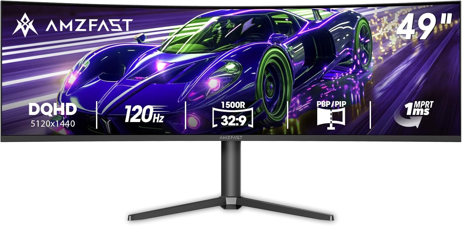Amzfast 49 Inch Curved Monitor 120Hz DQHD 5120x1440p Ultrawide Gaming Monitor, 120% sRGB, 1500R, 1ms MPRT, HDR10, Adaptive Sync, PIP/PBP, Height Adjustable, HDMI 2.0/DP 1.4, VESA 75x75, AMZG49C7U