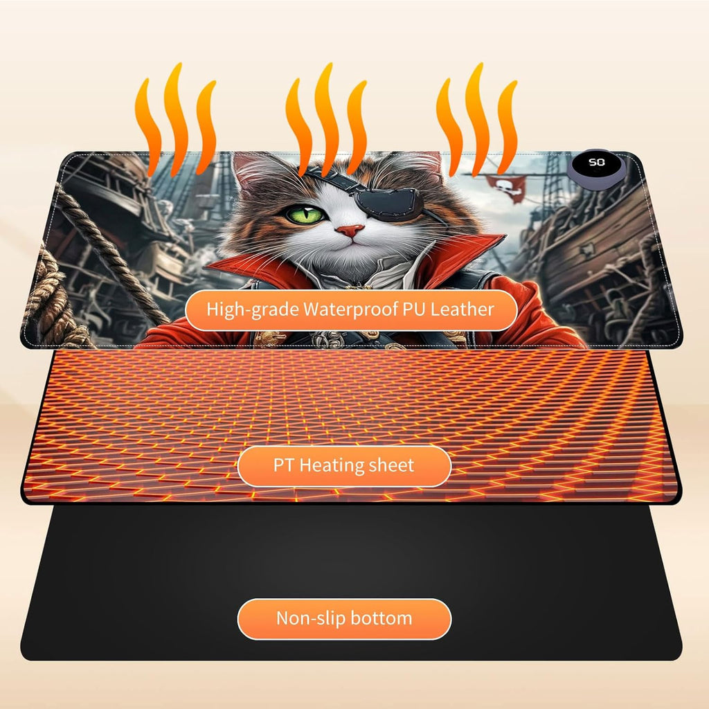 Heated Mouse Pad for Desk 31.5" x 13" – PU Leather Warm Desk Pad with 3 Heat Levels (104°F/113°F/122°F), Plug-in Electric Heating Mat with Auto Shut-Off, Waterproof & Rollable, Pirate Cat