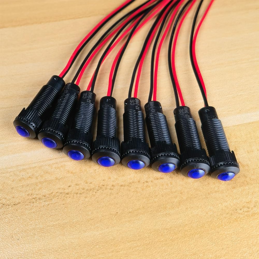 8pcs Blue LED Indicator Pilot Light AC/DC 12-24V Mounting Hole Size 8mm(Flame Retardant Plastic Shell)