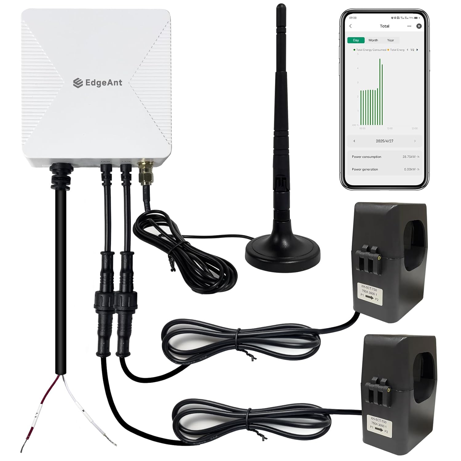 WiFi Energy Monitor with 2 * 750A Clamps, Real-Time Electricity Tracking, Smart Home Power Management