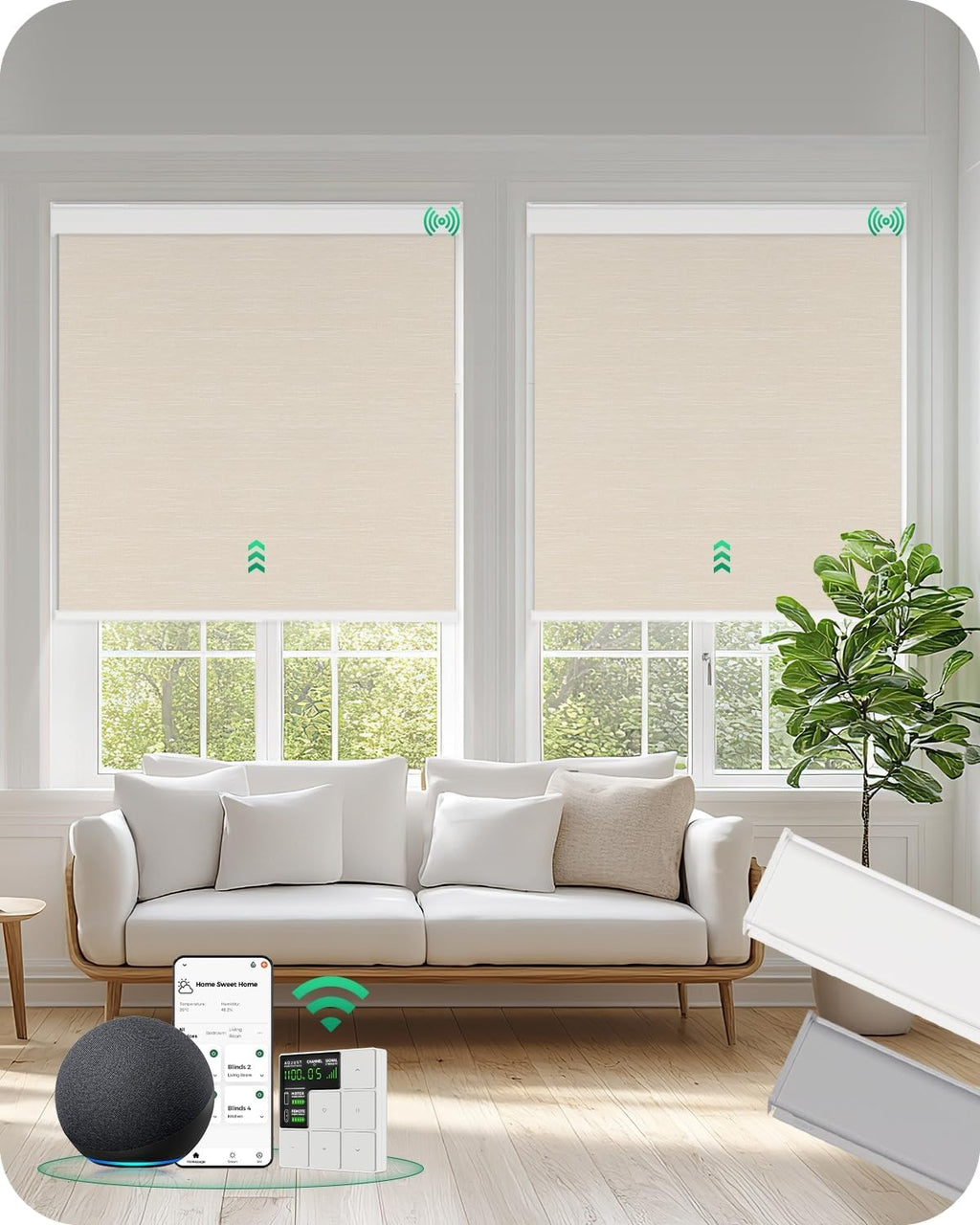 Allesin Motorized Roller Blinds – Rechargeable Smart Shades with Remote & Quiet Motor, Top/Bottom Aluminum Rails, Alexa-Compatible for Window (Custom Size, 100% Blackout Wheat-Jacquard)