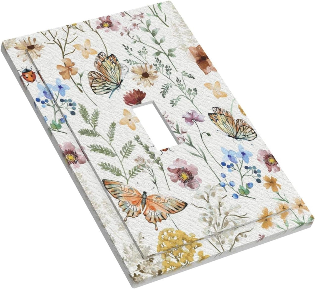 Decorative Light Switch Cover Boho White Background Butterfly Rustic Flower Single Toggle Personalized Wall Plate Switchplate 1 Gang Switchcover Decora Light Switch Plate for Home Decor