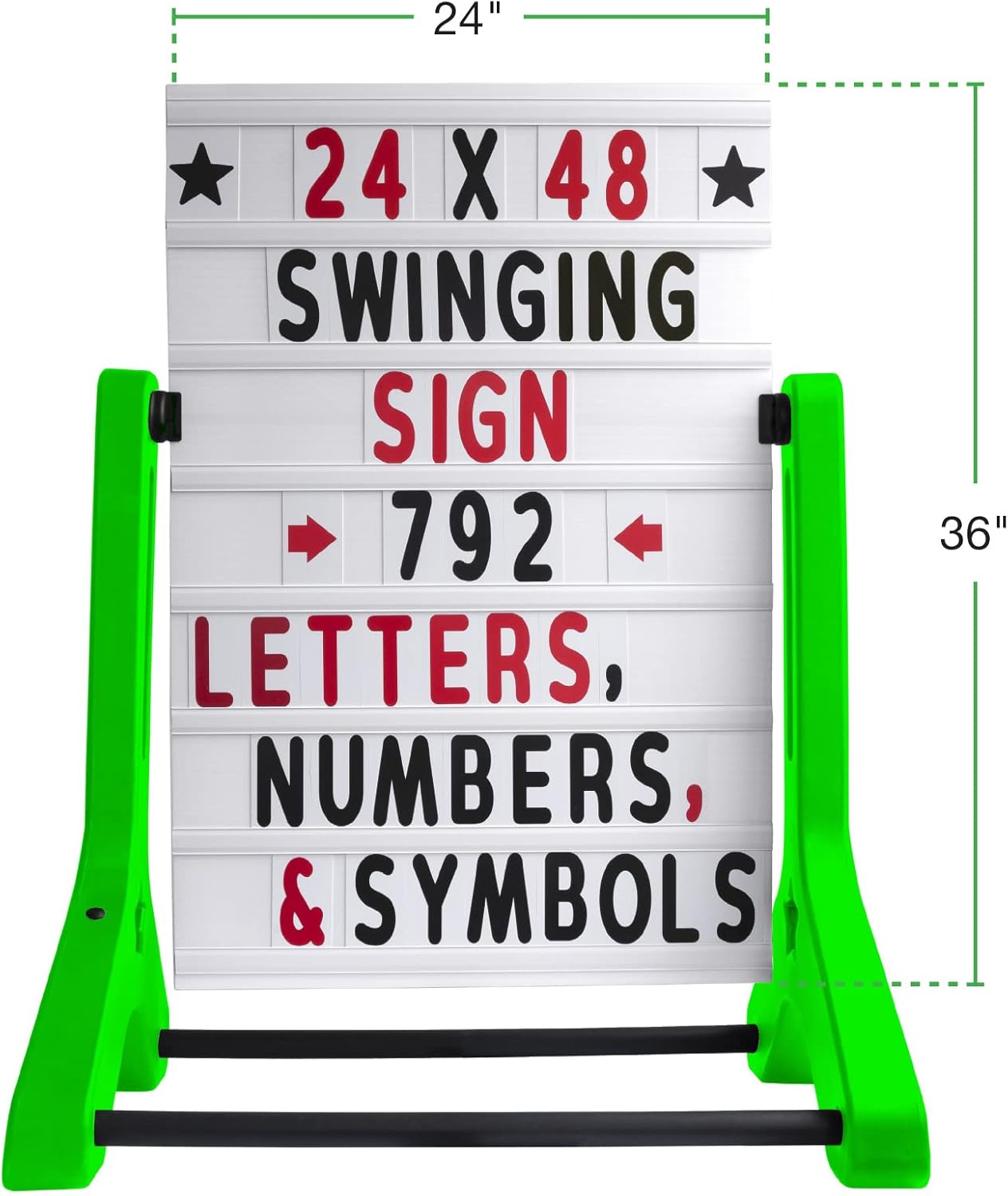 Swinging Changeable Message Sidewalk Sign: 24" x 36" Sign with 792 Pre-Cut Double Sided Letters and Storage Box. Includes Black Board & Letter Board (Green Color Legs)