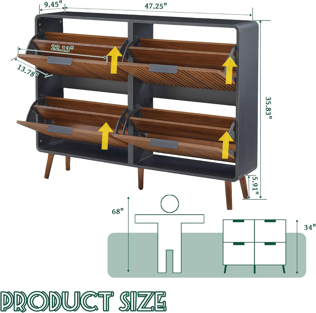47" Fluted Large Shoe Cabinet with 4 Flip Drawers, Slim Freestanding Shoe Cabinet Organizer, Narrow Shoes Storage Rack for Entryway, 5 Sturdy Legs (Walnut with black, 9.45"D x 47.24"W x 35.83"H)