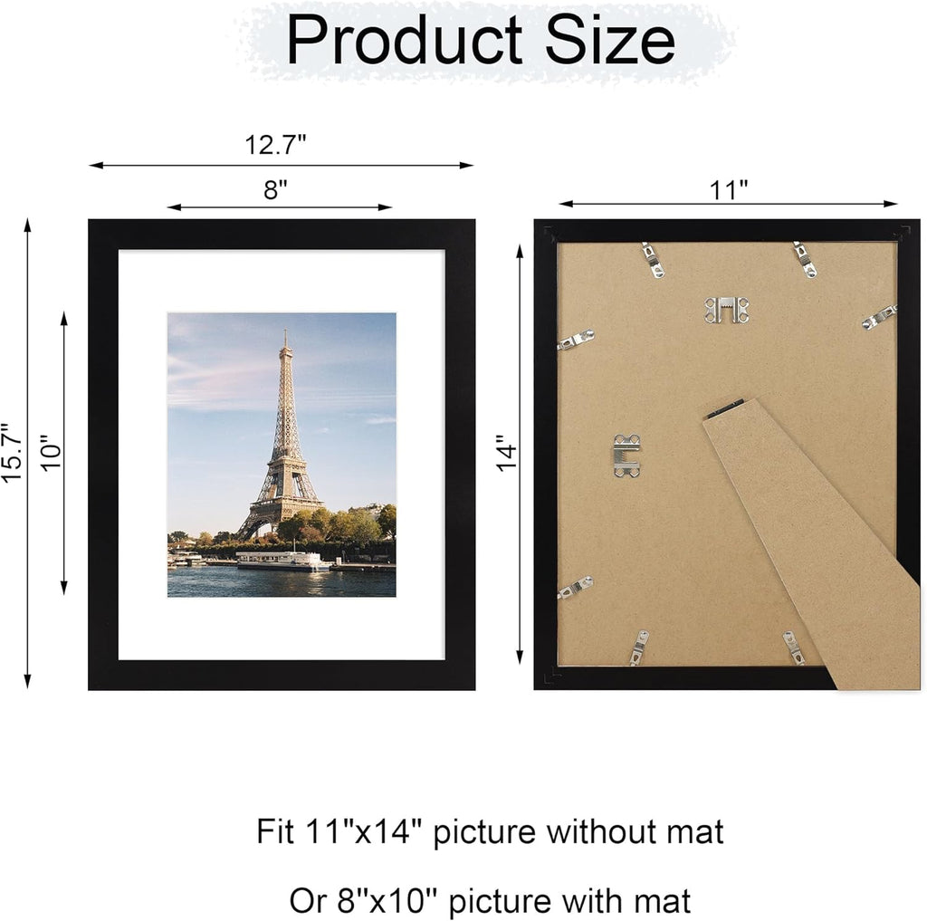 iRahmen 11x14 Picture Frame with HD Tempered Glass, Display Pictures 8x10 with Mat or 11 x 14 Without Mat, Wood Photo Frames for Tabletop and Wall Mount (Black, 1 Pack)