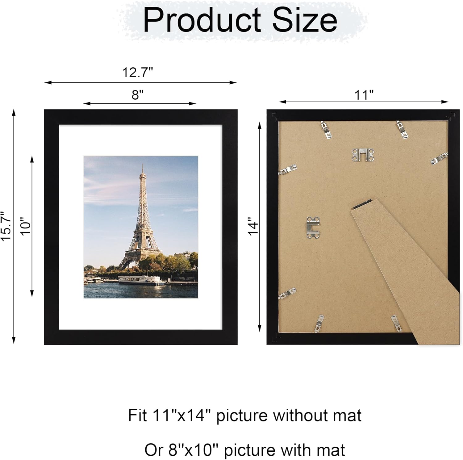 iRahmen 11x14 Picture Frame with HD Tempered Glass, Display Pictures 8x10 with Mat or 11 x 14 Without Mat, Wood Photo Frames for Tabletop and Wall Mount (Black, 1 Pack)