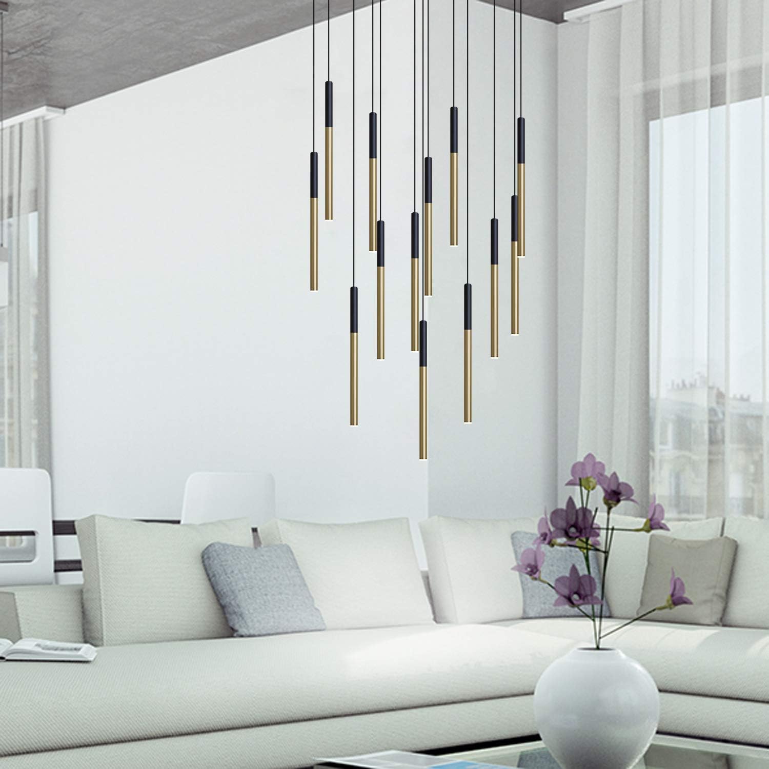 ALTAIR 9 Mini Pendant Lighting Black-Brass - LED Hanging Light Fixture for Kitchen Island, Bar, Foyer - Cluster Pendants - Dimmable, Adjustable Wire, Lamp Bulb Included