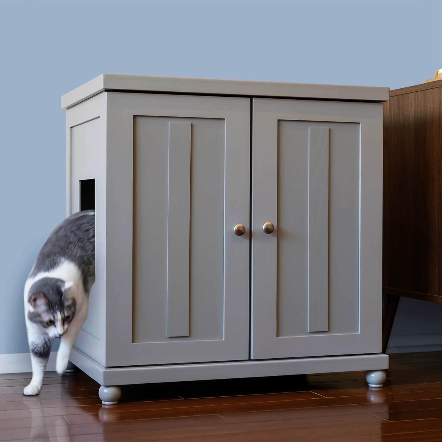 The Refined Feline Cat Litter Box Enclosure Cabinet, Shaker, Smoke Gray, Round Feet, Large, Hidden Litter Cat Furniture with Drawer