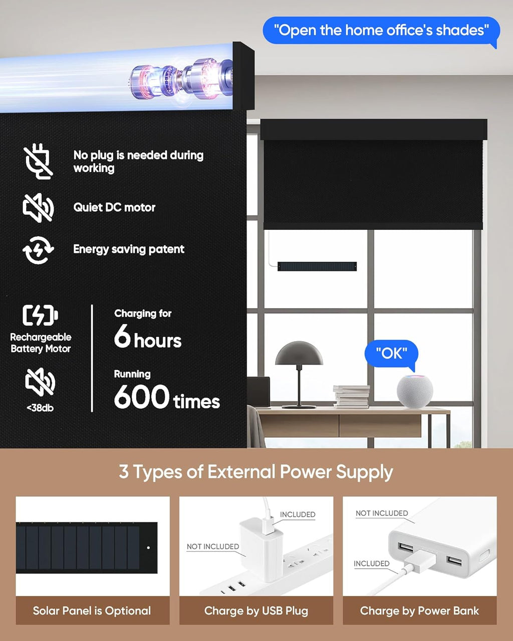 Kincmo Motorized Blinds with Remote,100% Blackout Motorized Roller Shades Work with Apple Homekit,Alexa,Google, Custom Electric Blinds with App,Voice Control (Pure Black)