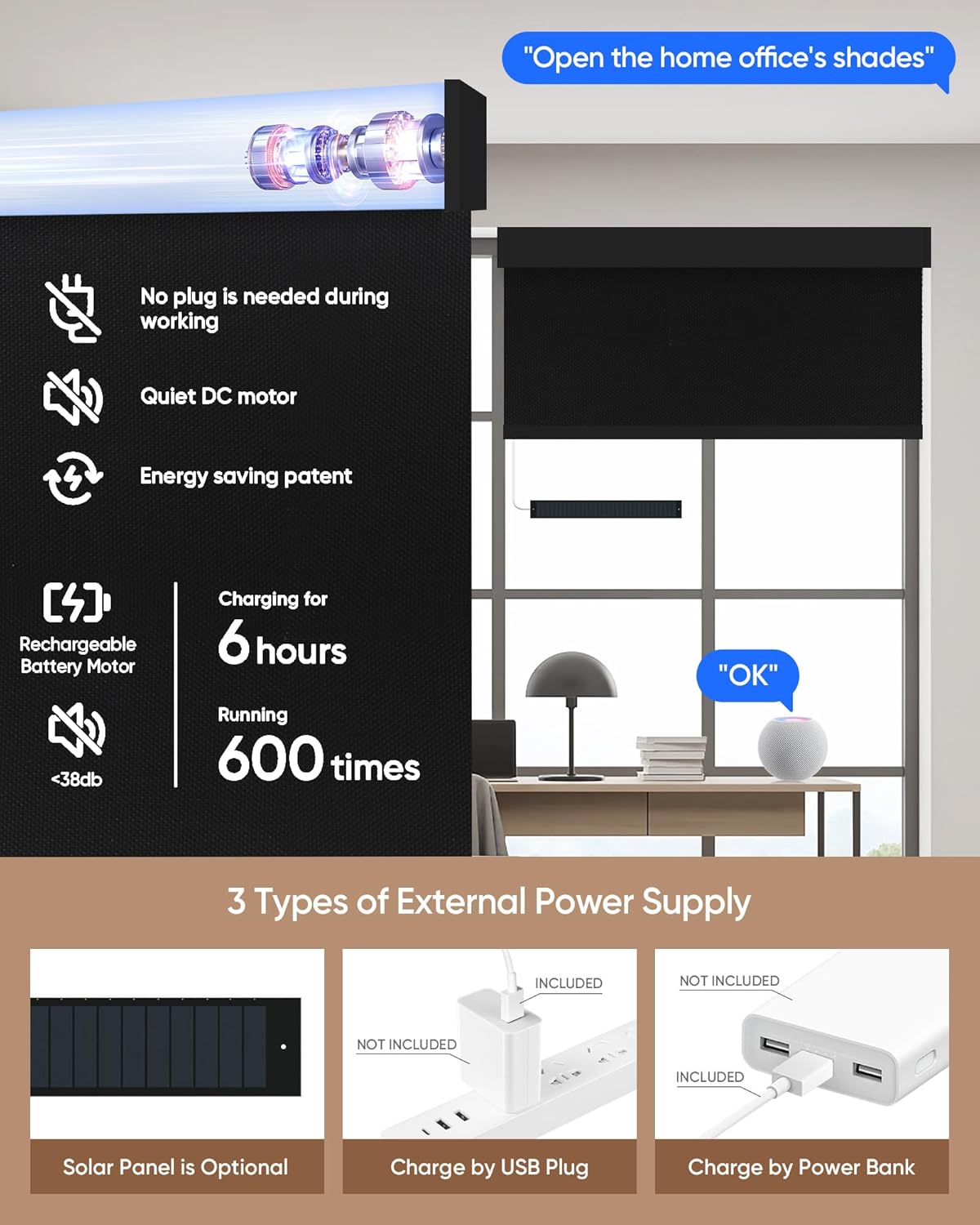 Kincmo Motorized Blinds with Remote,100% Blackout Motorized Roller Shades Work with Apple Homekit,Alexa,Google, Custom Electric Blinds with App,Voice Control (Pure Black)