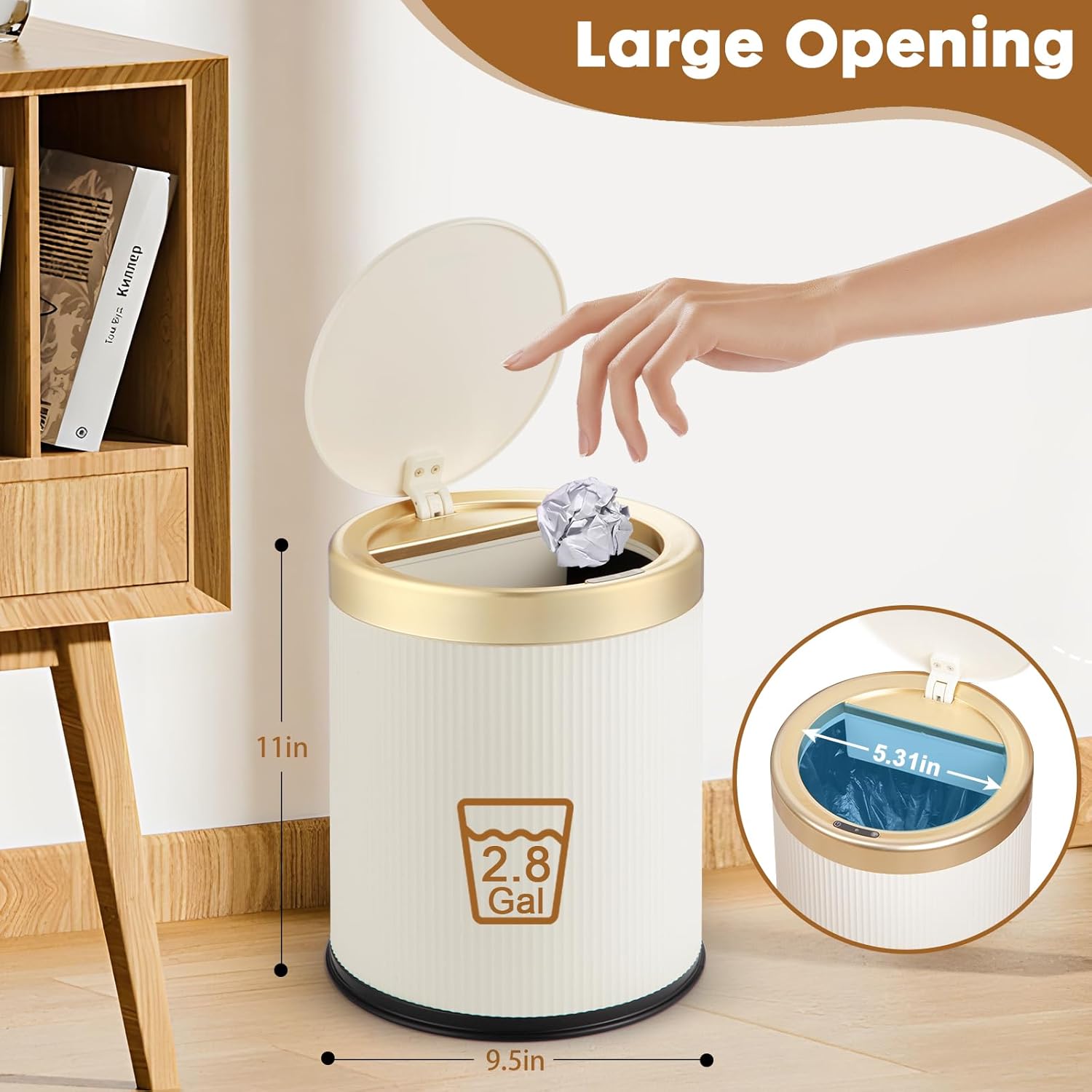 Automatic Motion Sensor Bathroom Trash Can with Lid, 2.8 Gallon Touchless Trash Garbage Bin Small Mini Trash Cans Trashcan -White