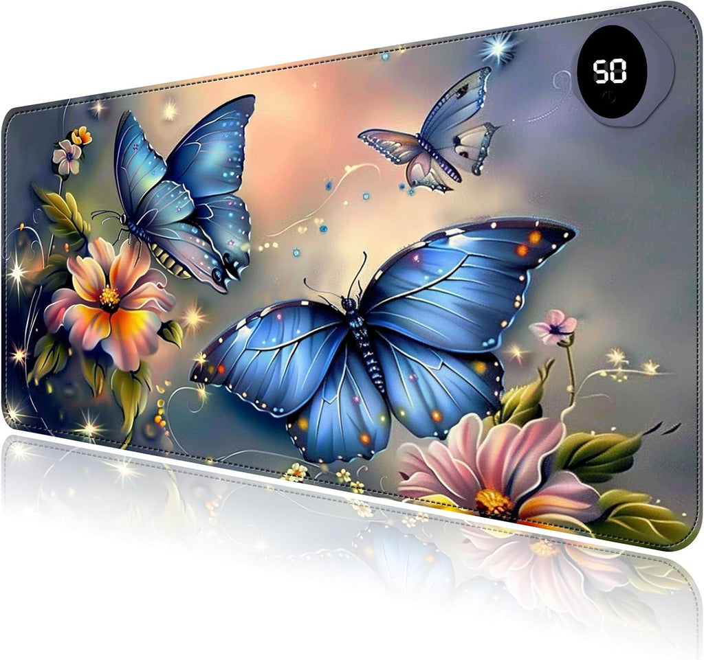 Heated Mouse Pad with 3 Levels Heated & 3 Hours Auto Shut-Off Mouse Pad for Warming Hands in Office Home, 23.6" x 14.2"Large Safe Desk Mat Hand Warmer，Blue Butterfly