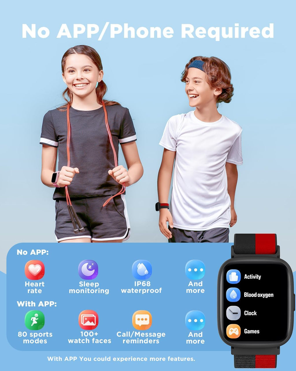 BIGGERFIVE Smart Watch for Kids, 1.8" Fitness Tracker Watch Pedometer, Heart Rate, IP68 Waterproof, Sleep Monitor, Calorie Step Counter, Puzzle Game with/Without APP for Girls Boys Teens 5-16, Nylon