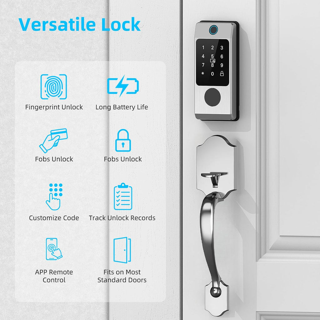 WiFi Smart Locks for Front Door with Handle Sets, Keyless Entry Door Lock Fingerprint Deadbolt, Electronic Digital Touchscreen keypad, App Control, Easy to Install (Silver)