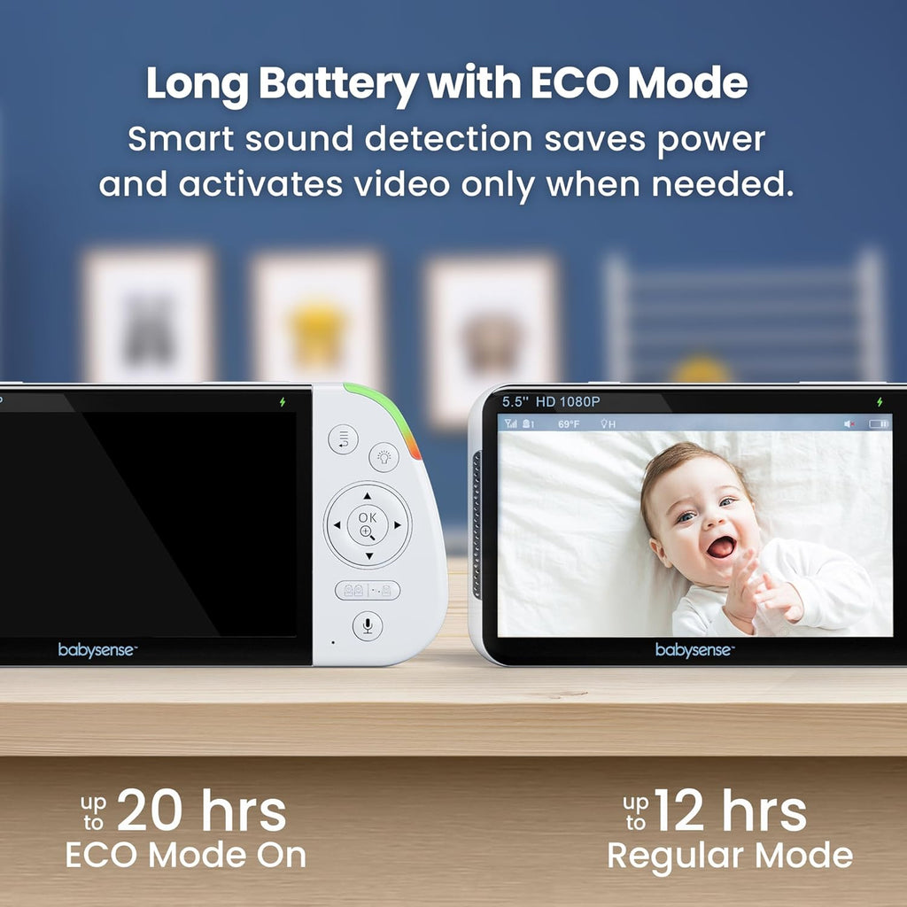 Babysense Full HD 5.5" Split Screen Baby Monitor with Camera and Audio, 6-Color Night Light, White Noise, Sound & Light Machine, 20-Hour Battery, Hack-Proof Non-WiFi Secure Connection
