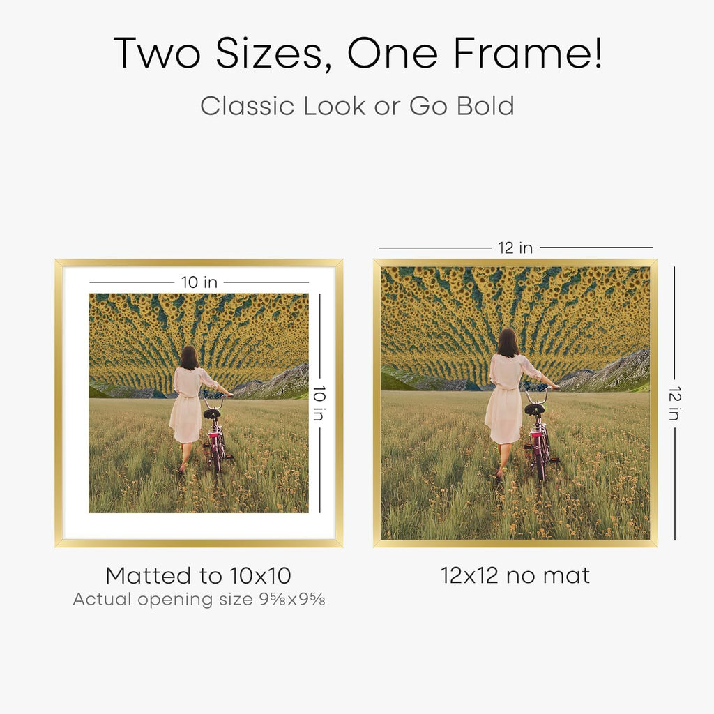 Homeforia 12x12 Picture Frame Gold, High End Metal 12 x 12 Square Poster Frame with Mat 10 x 10 Photo, 12x12 Frame Matted to 10x10 Print, 12by12 Gold Hanging Frames, Tempered Glass, Wall Kit, Set of 2