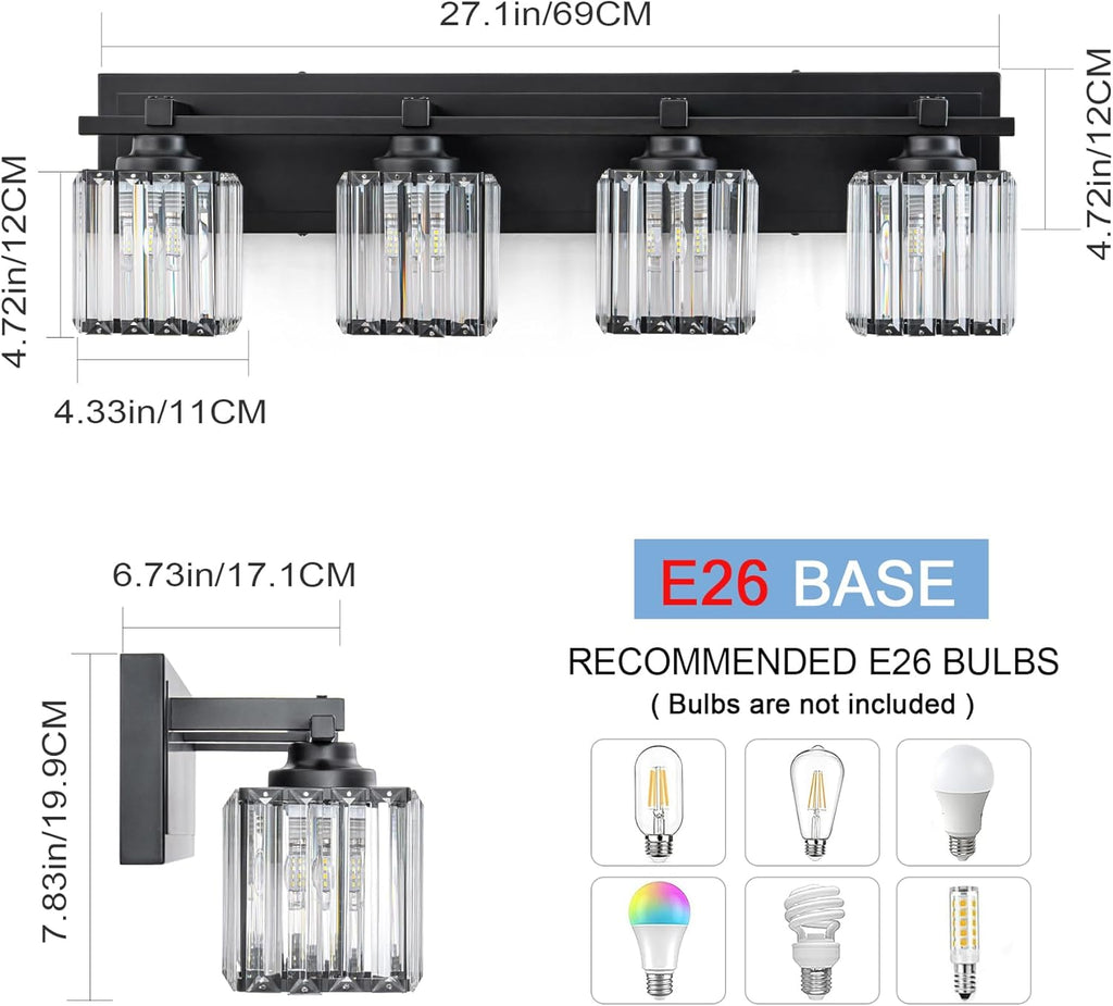 Crystal Bathroom Light Fixtures, 4 Light Black Vanity Lighting Over Mirror with Crystal Shades, Modern Bathroom Vanity Light for Restroom, Bath, Cabinet and Powder Room