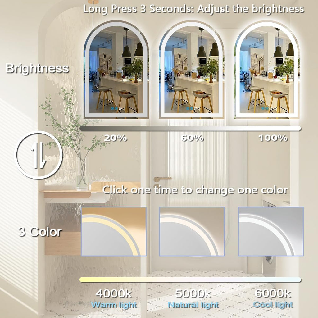 THEKLA 28 x 38 Inch LED Arched Bathroom Mirror with Lights Arch LED Mirror for Bathroom Wall Arched Lighted Mirror AntiFog Dimmable 3 Color 38 Smart LED Light up Table Vanity Arch Mirror with Light