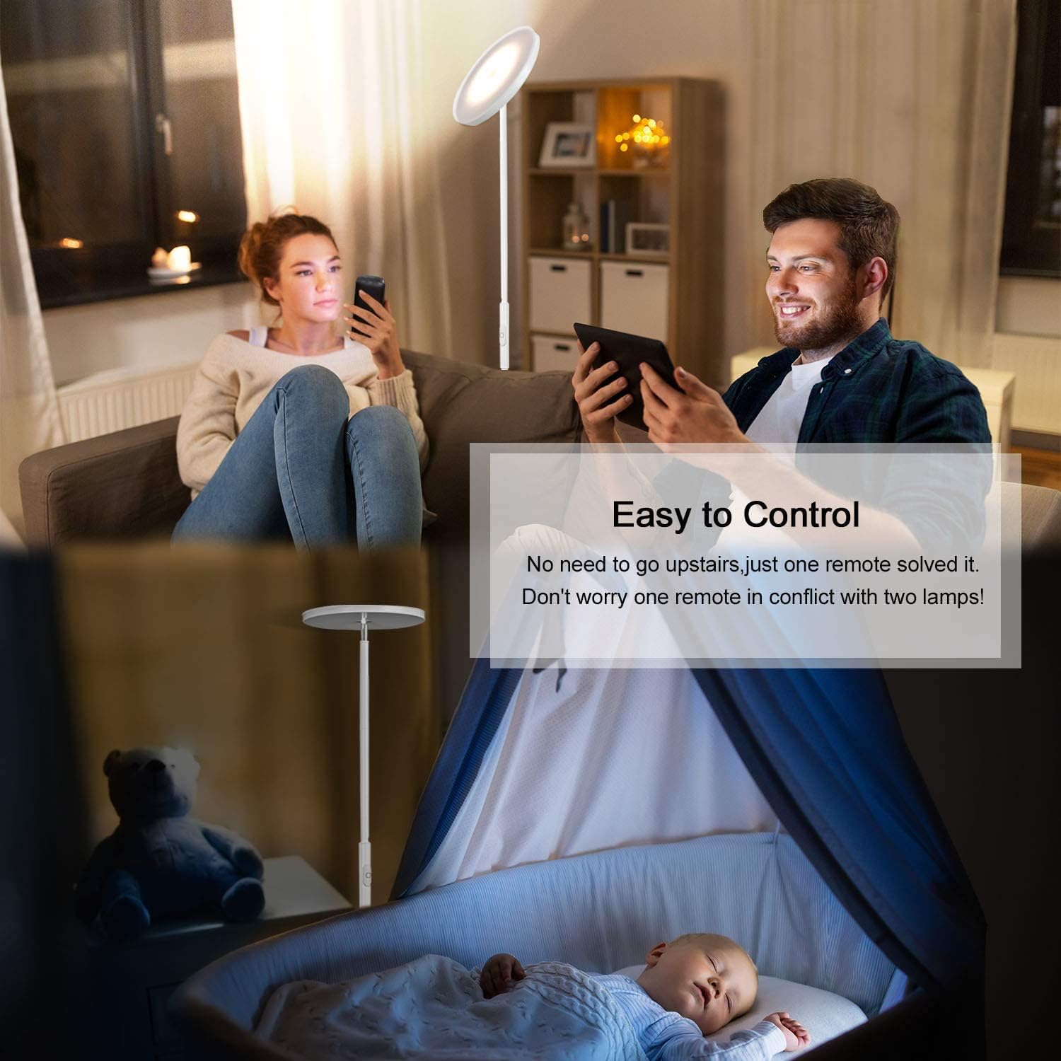 JOOFO Floor Lamp,30W/2400LM Sky LED Modern Torchiere 3 Color Temperatures Super Bright -Tall Standing Pole Light with Remote & Touch Control for Living Room,Bed Room,Office (Pearl White)
