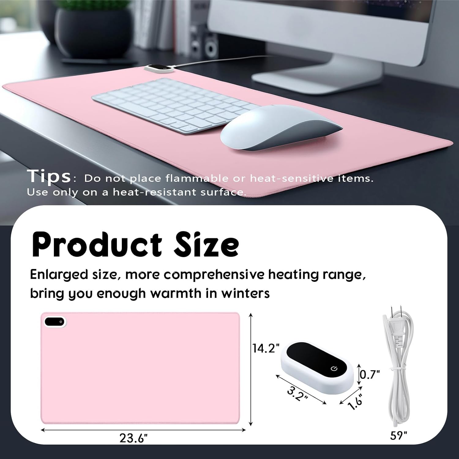 Konohan Heated Large Desk Mat PU Leather Warm Mouse Pad with 5 Heating Level & 4 Hour Auto Shut-Off Heating Keyboard Pad Warmer Gaming Mice Mat Only Supports 110v(Pink Color,23.6"x 14.2")