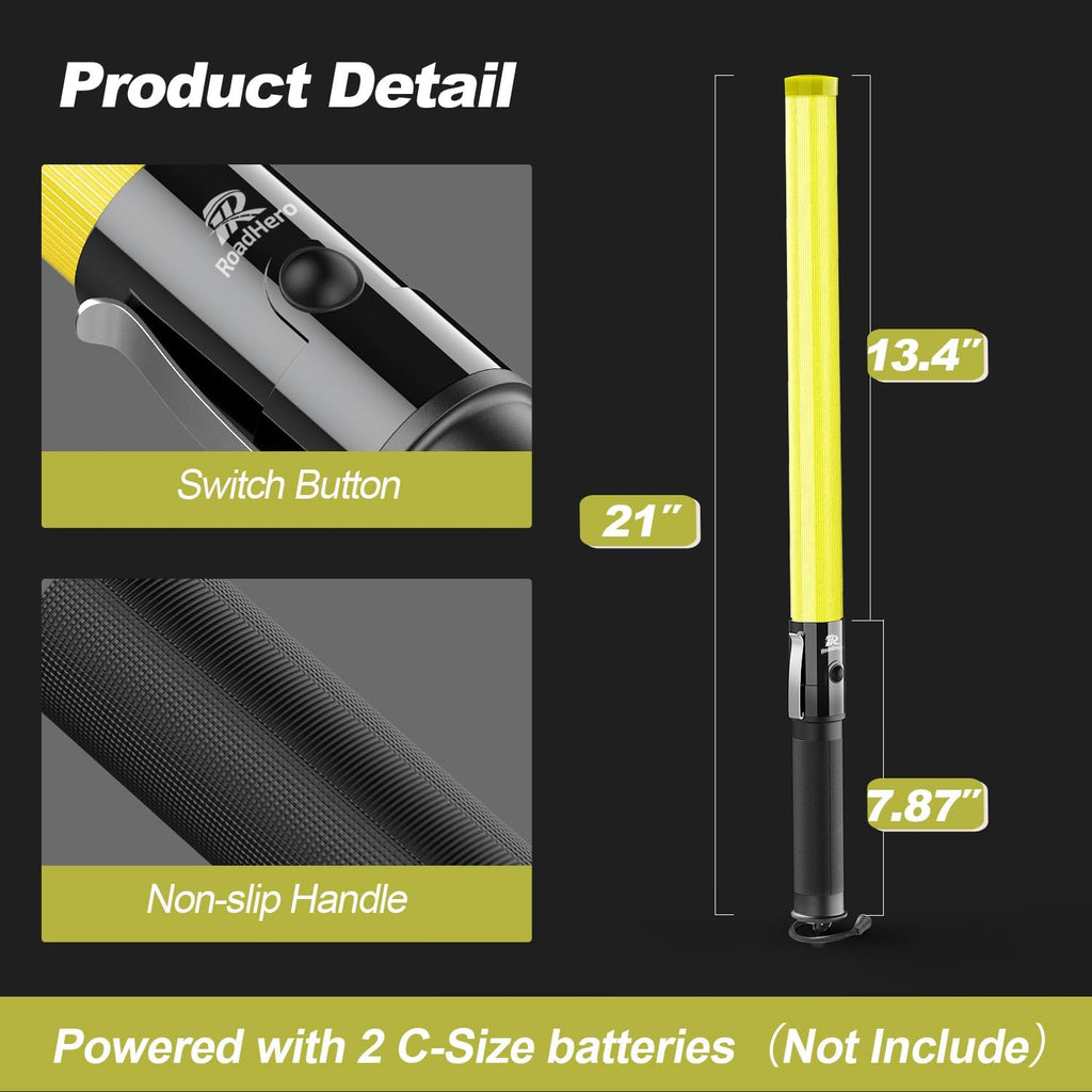 RoadHero 2 Pack 21 Inch Traffic Wand, Yellow Led Traffic Control Baton, Night Safety Light Wands with 2 Flashing Modes, Air Marshaling Signal Wand with Side Clip for Airport, Parking, Car Directing