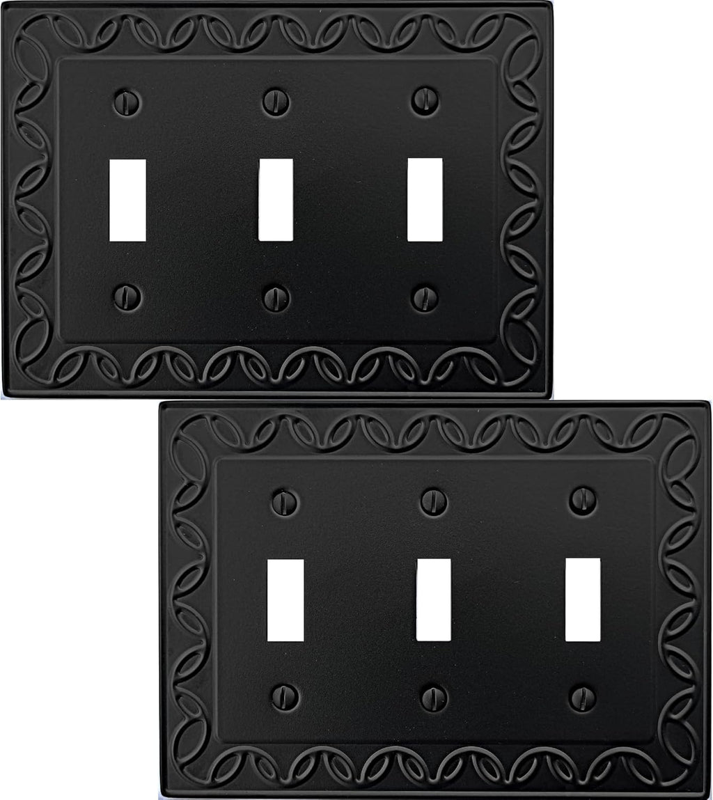 Triple Toggle Light Switch Cover NovaBloom Metal Wall Plate, 2-Pack Black 3 Gang, Light Switch Cover Decorative Wallplate, Durable