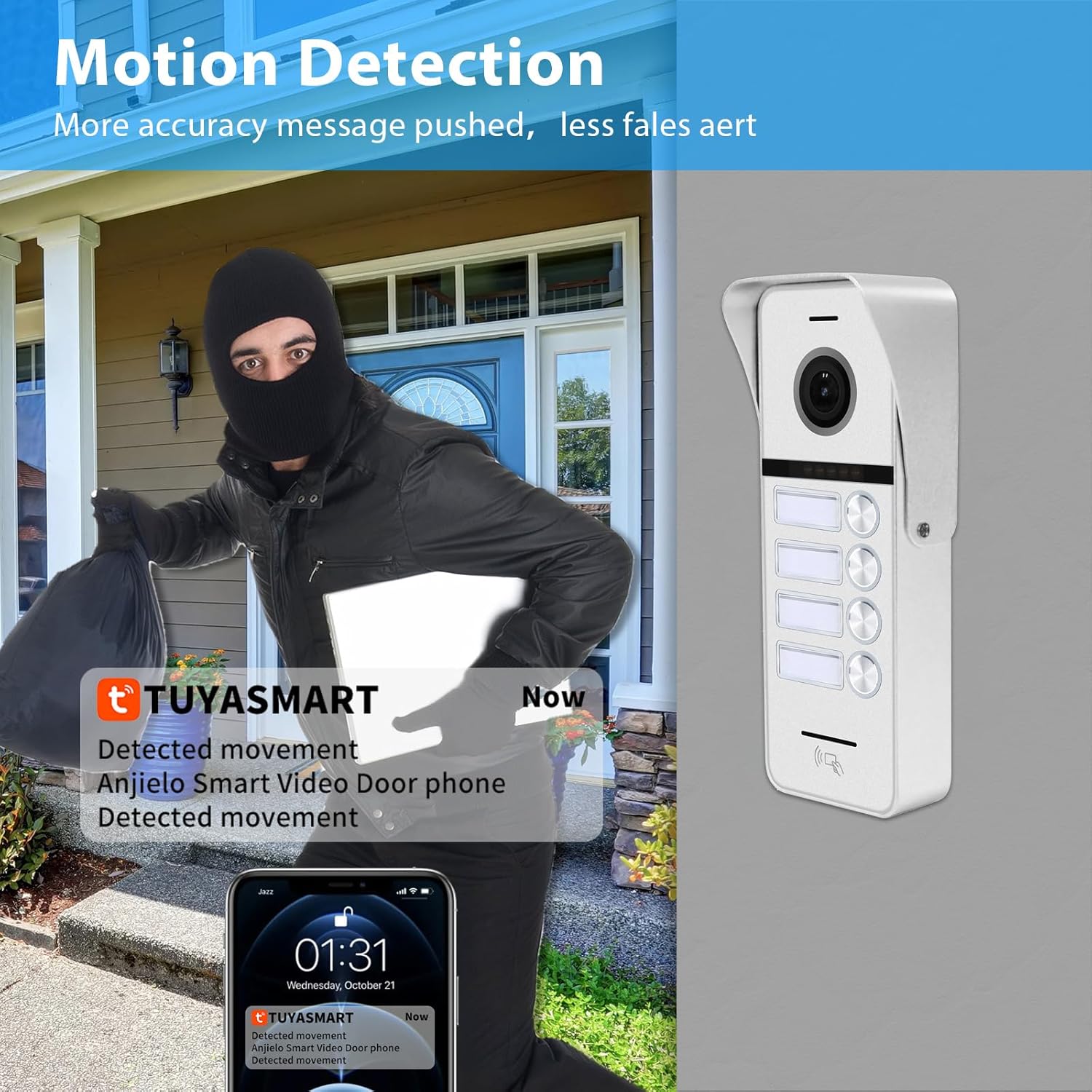 ANJIELO SMART Wired Video Doorbell Apartment Intercom System,4 Family Units 10 Inch Touch Monitor,3 in 1 Unlocking,Dual Way Intercom Motion Detection Tuya for Villa Home (1 Doorbell(w)+ 4 Monitor(s))