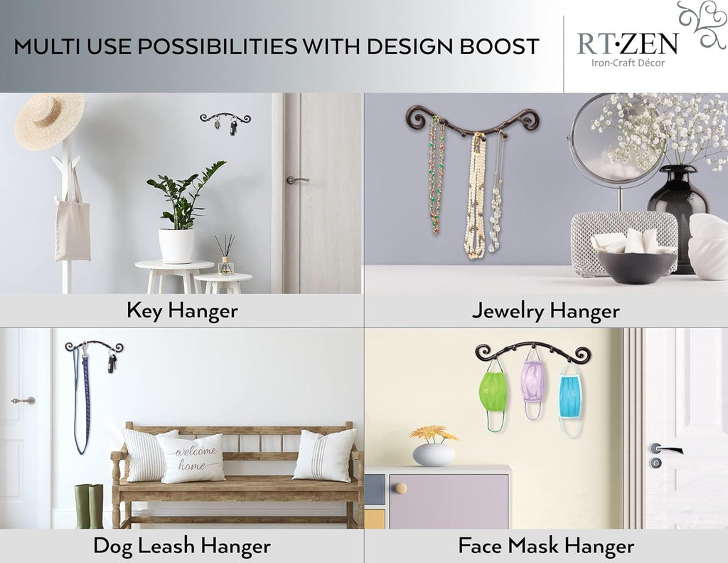 RTZEN Farmhouse Small Key Holder for Wall - Handcrafted Swirl Decorative 5 Key Hooks for Home Entryway - Wrought Iron Wall Mount Rack Purse Coat and Leash Holder or Organizer (Swirly Black)