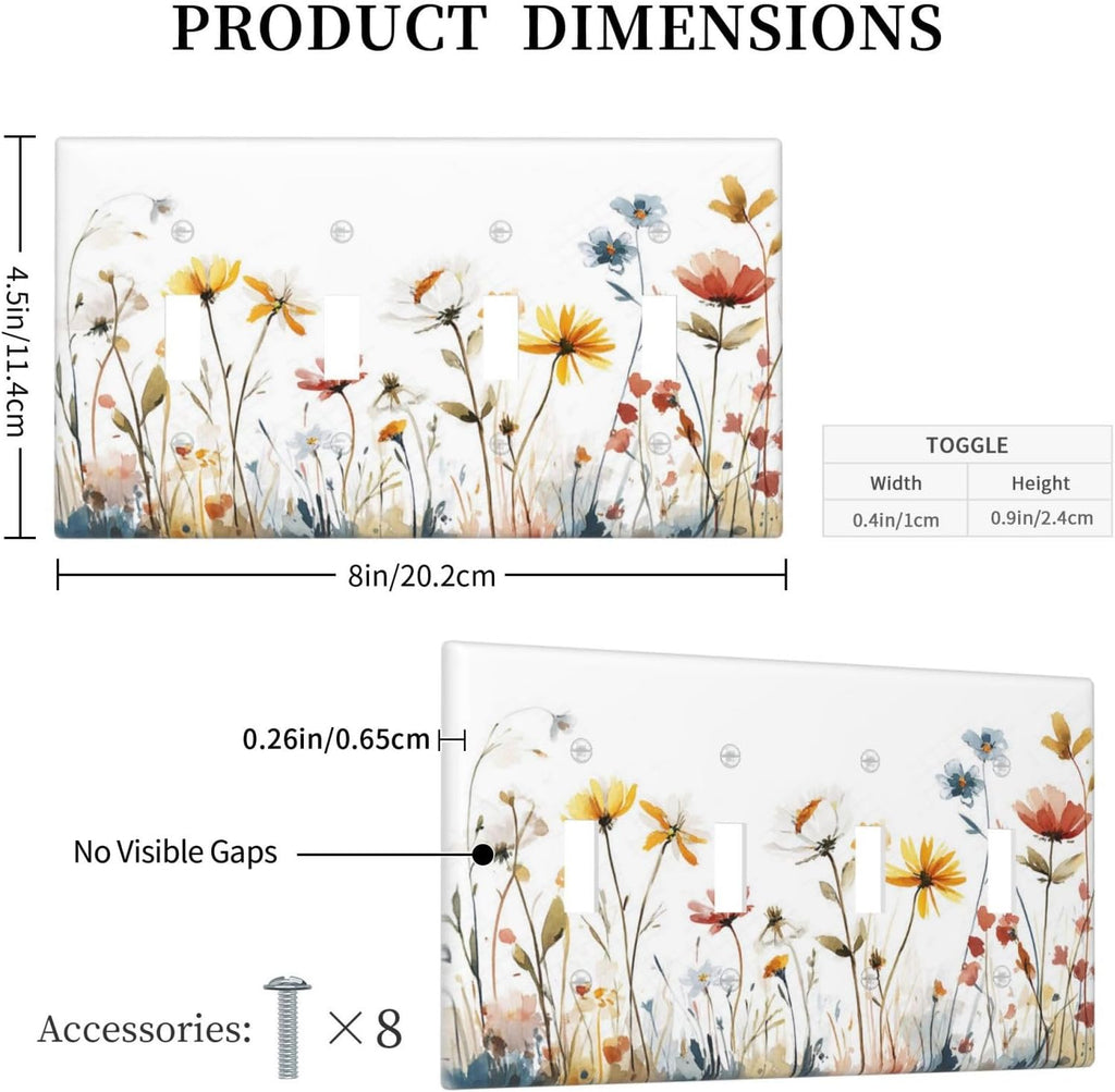Watercolor Wildflower Colorful Floral Plant Light Switch Covers Quad Toggle Electrical Faceplate 4 Gang Wall Plate Decorative Switch Plates for Bed Room Living Room Decor