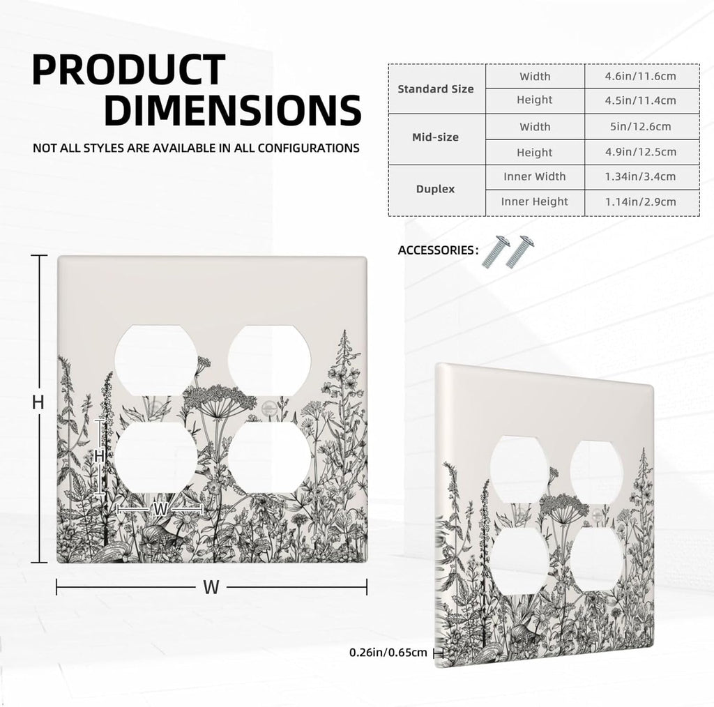 Decorative Outlet Covers Beige Skech Plant Leaves Flowers 2 Gang Wall Plate Cover Double Duplex Receptacle Two Switch Light Switch Cover Plate Jumbo Dual Faceplate for Home Decor