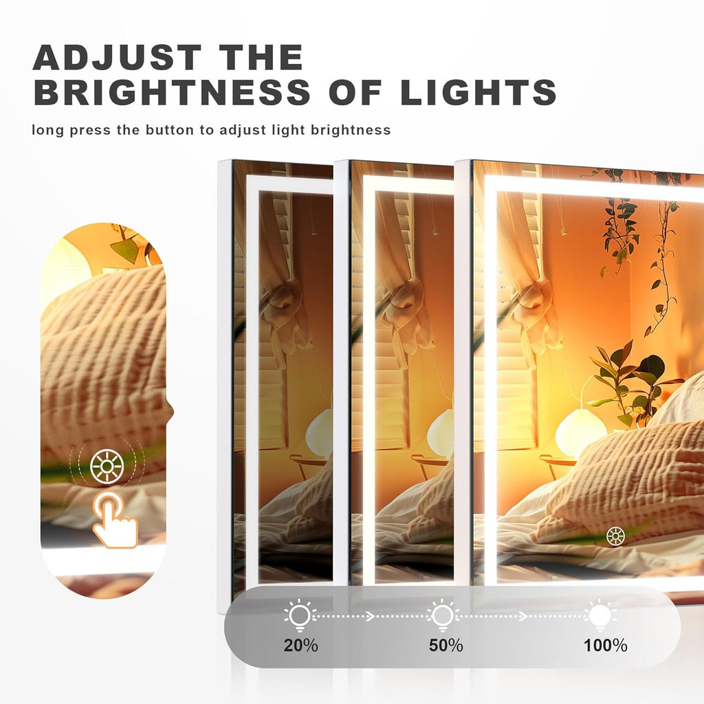 Hasipu Vanity Mirror with Lights and Bluetooth Speaker, 10.6" x 13.8" LED Makeup Mirror with 10X Magnification, Smart Touch 3 Colors Dimmable, Brightness Adjustment, 360° Rotation, White