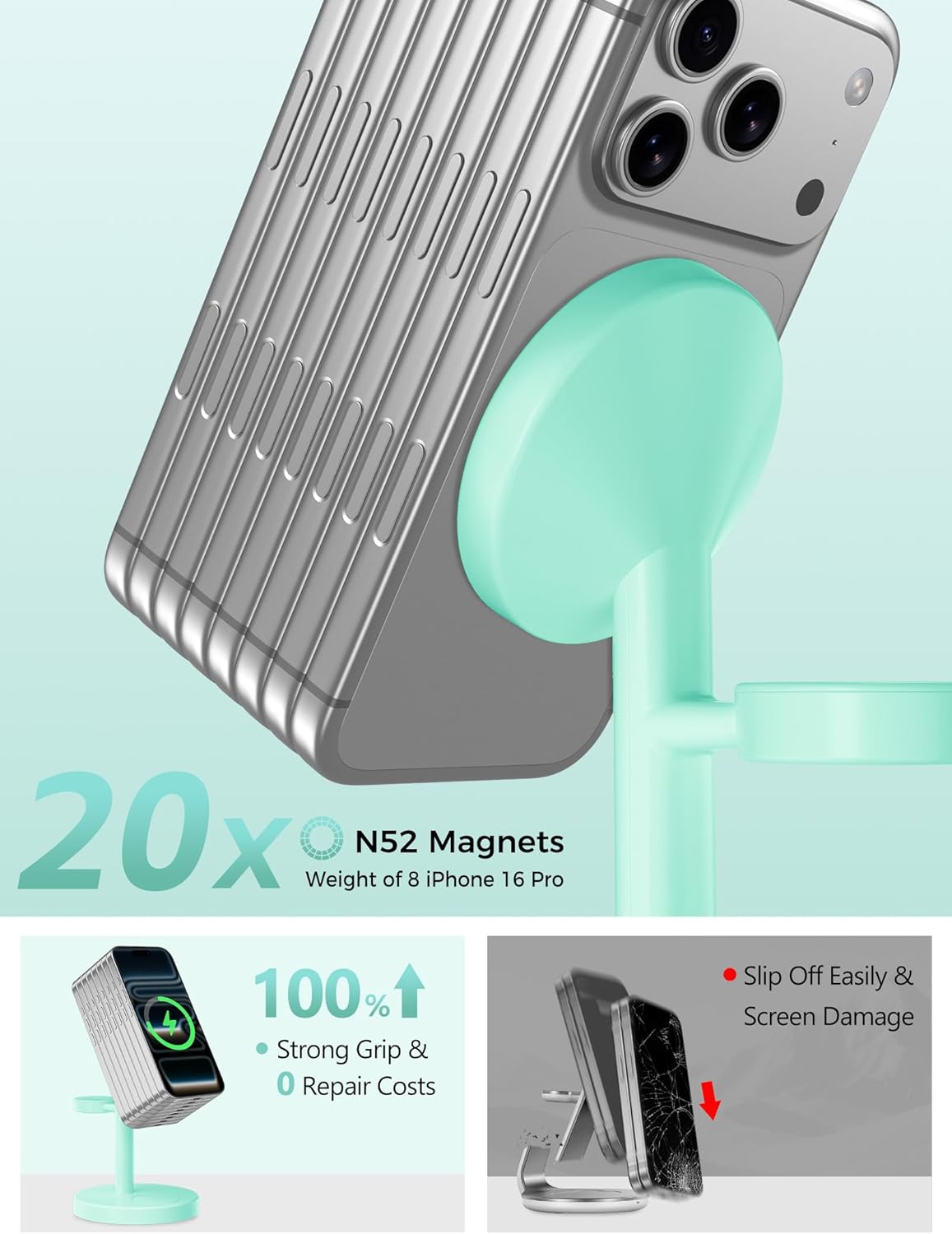 2025 3 in 1 Wireless Charging Station Compatible with MagSafe, 15W Fast Magnetic Mag-Safe Charger Stand for Apple iPhone 17 16 15 14 13 12 iWatch AirPods Pro 4 3 2, LightGreen