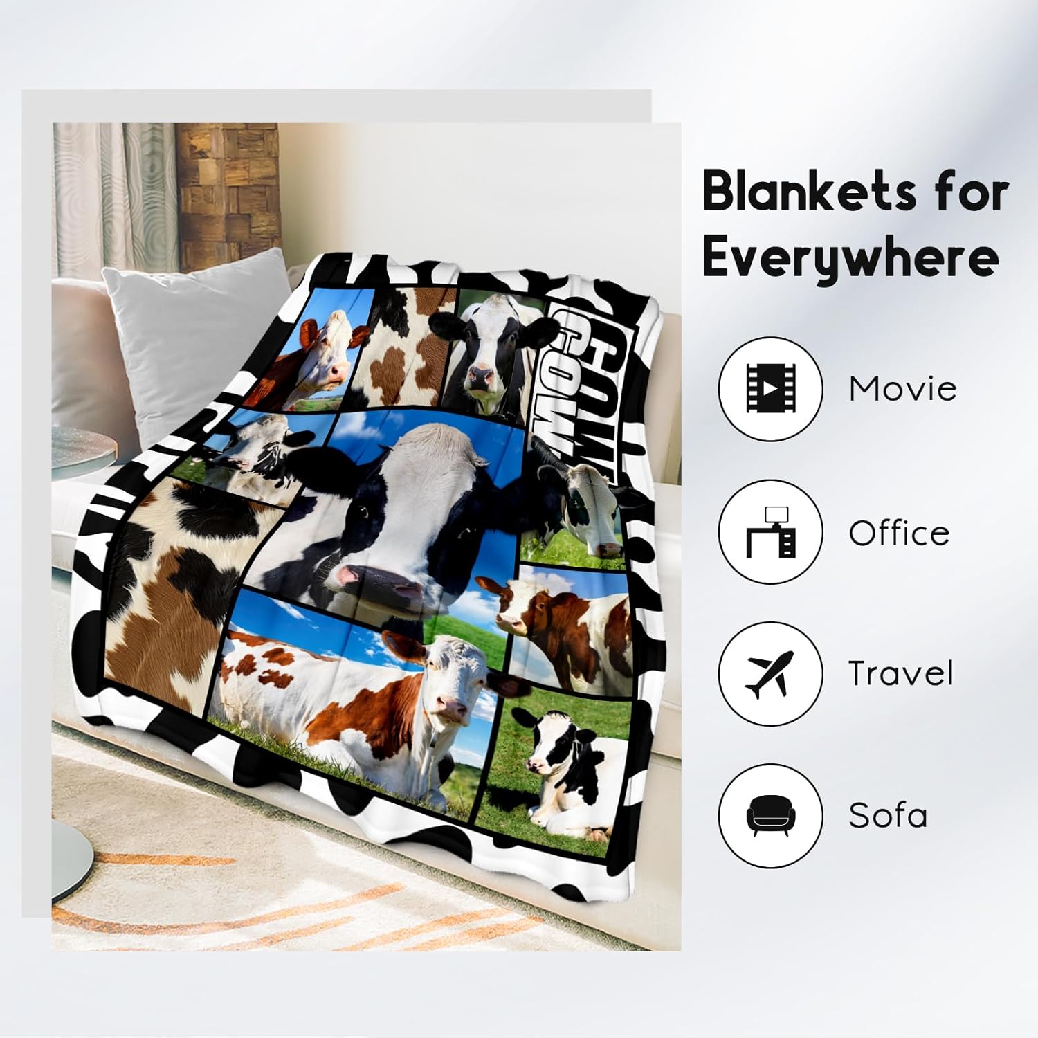 Cow Blankets and Throws, Cow Gifts for Women Girls Adults, Soft Fluffy Fuzzy Farmhouse Blanket Country Home Decor, 60"x80" Animal Pattern Throw for Bed Living Room
