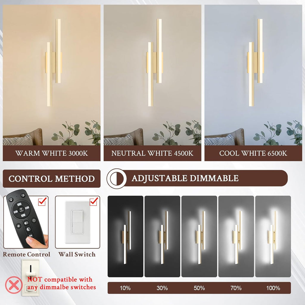 LED Wall Sconce Set of 2 Gold Remote Modern LED Vanity Lights Set of 2 Indoor Wall Light Fixtures for Living Room, Dimmable Wall Sconce for Bedside Bedroom Bathroom, 23.6inch 2 Pack
