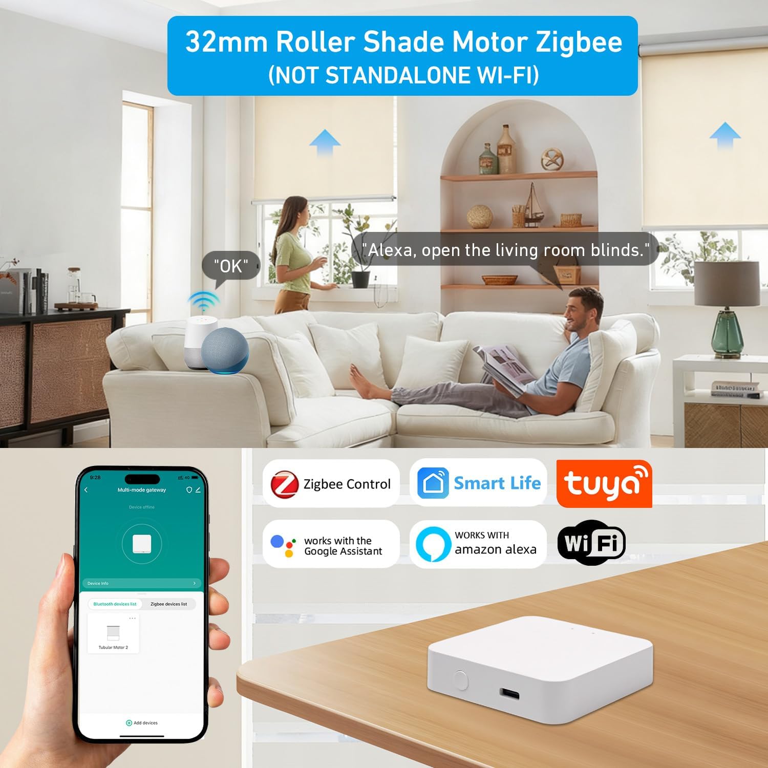 AM22 Zigbee Smart Roller Shade Motor for 32mm Tubes - Rechargeable Battery, Compatible with Alexa & Google Home via Tuya Zigbee Gateway, Voice & App Control