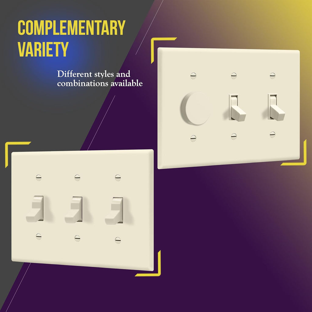 ENERLITES Triple Toggle Light Switch Wall Plate, Gloss Finish, Standard Size 3-Gang 4.50" x 6.38", Unbreakable Polycarbonate Thermoplastic, 8813-LA, Light Almond